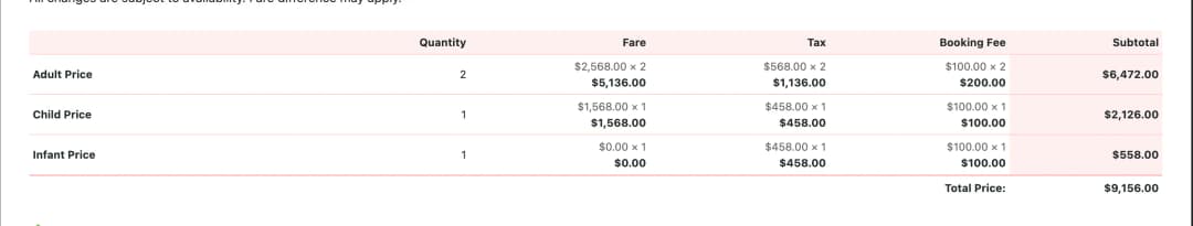 Pricing table